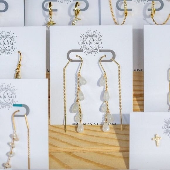 Lovely Rainbow Moonstone Threader Earrings Gemstone Dangle Earring June Birthday - Picture 10 of 12